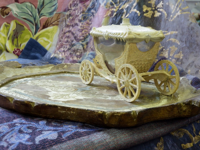 Cinderella carriage on antique tray and fabric